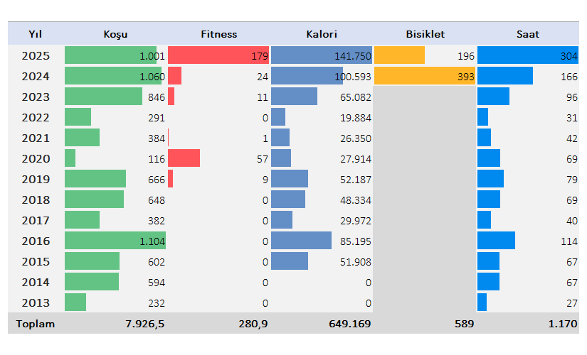 Yıllık spor istatistiklerim