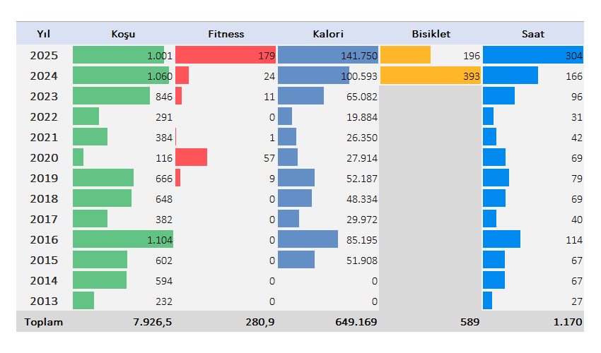Yıllık spor istatistiklerim